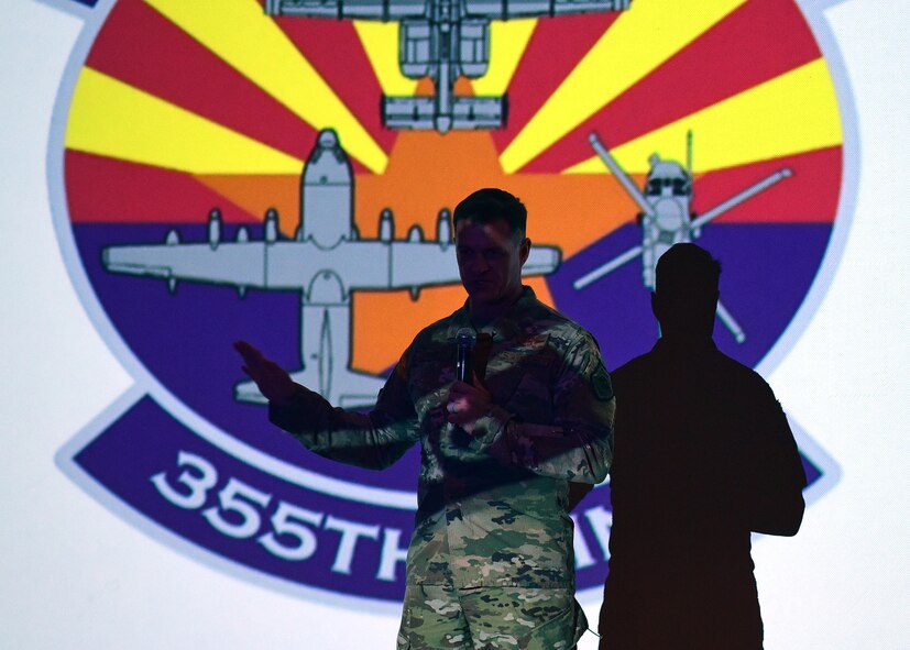 U.S. Air Force Col. Michael R. Drowley, 355th Wing commander, briefs Desert Lightning Team Airmen on the Dynamic Wing concept at Davis-Monthan Air Force Base, Arizona, Oct. 28, 2019. (U.S. Air Force photo by Staff Sgt. Sergio A. Gamboa)