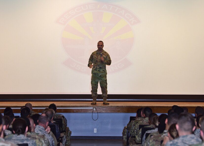 U.S. Air Force Chief Master Sgt. James R. Lyda, 355th Wing command chief, briefs Desert Lightning Team Airmen at Davis-Monthan Air Force Base, Arizona, Oct. 28, 2019. (U.S. Air Force photo by Staff Sgt. Sergio A. Gamboa)