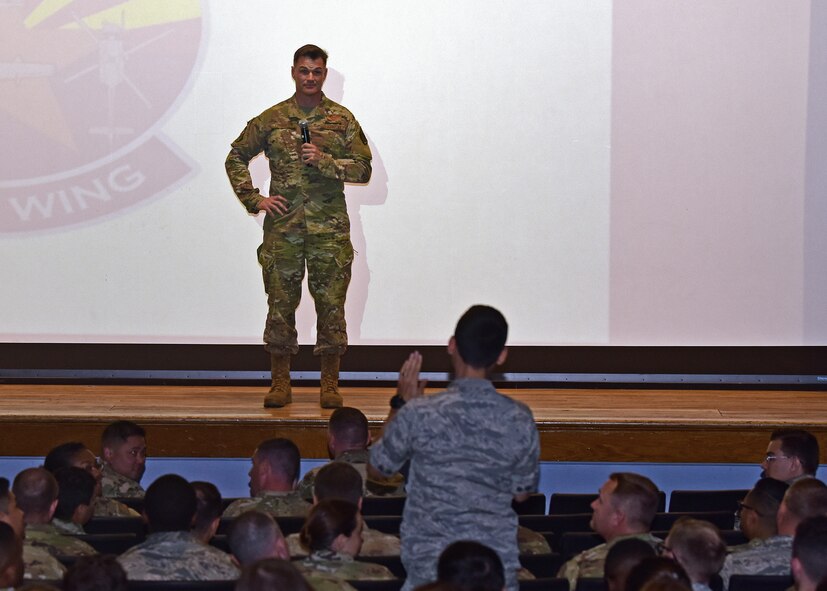 U.S. Air Force Col. Michael R. Drowley, 355th Wing commander, answers Desert Lightning Team Airmen questions during a commander’s call at Davis-Monthan Air Force Base, Arizona, Oct. 28, 2019. (U.S. Air Force photo by Staff Sgt. Sergio A. Gamboa)