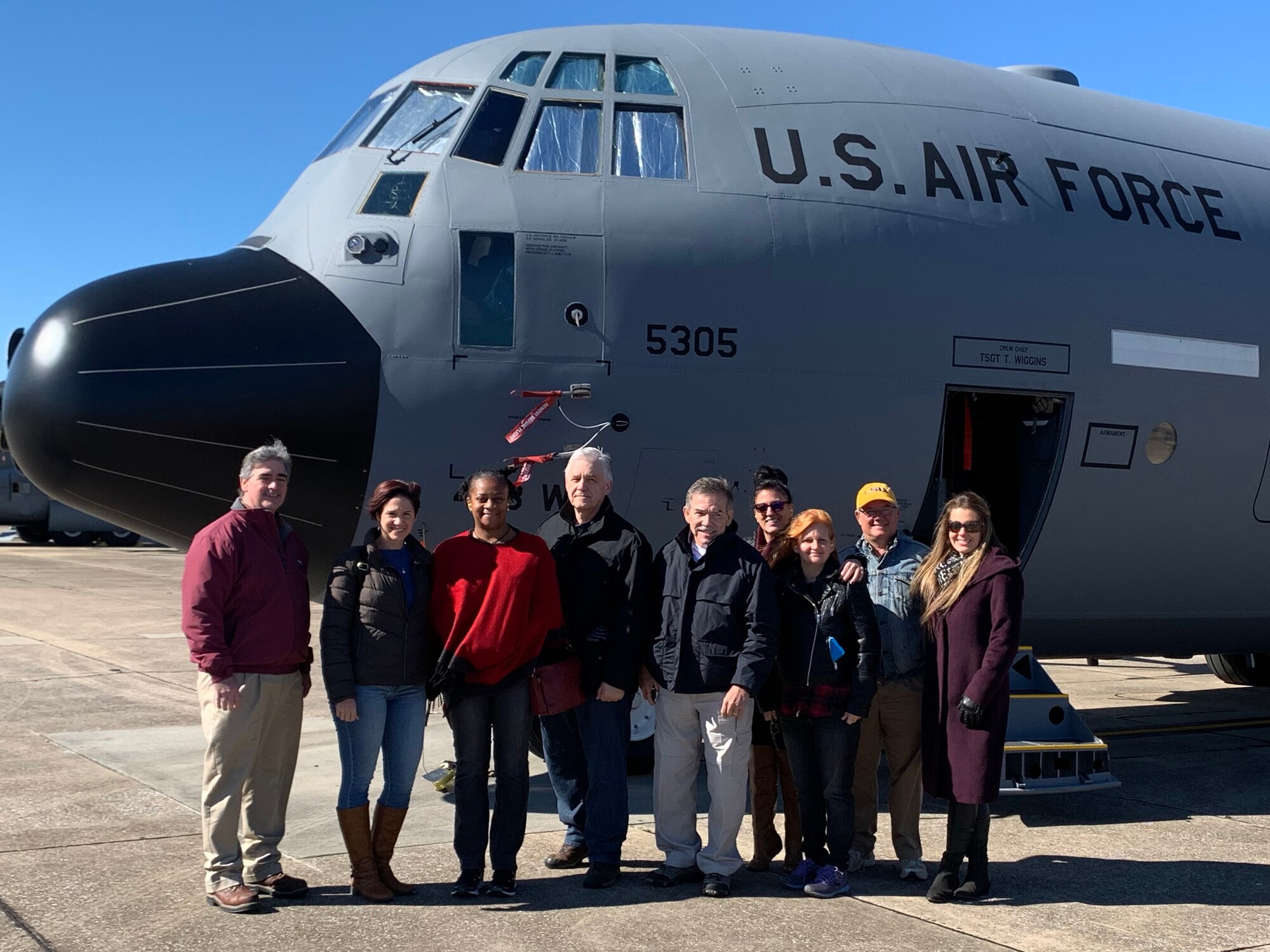 Civilian employers pose for a photo in front of a WC-130J Super Hercules aircraft, during Employer Appreciation Day, Nov. 2, at Keesler Air Force Base, Miss. The event serves to educate employers on the value of their Reserve Citizen Airmen’s time away from their civilian workplaces and is an opportunity for them to see the 403rd Wing mission firsthand. (U.S. Air Force photo by Tech. Sgt. Christopher Carranza)