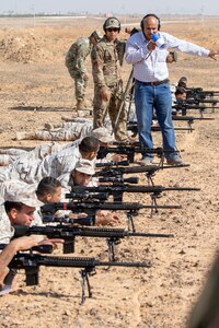 Jordan Armed Forces-Arab Army (JAF) snipers lay on a firing line during a Sniper Subject Matter Expert Exchange with Military Engagement Team-Jordan, 158th Maneuver Enhancement Brigade, Arizona Army National Guard, at a base outside Amman, Jordan in October 2019.