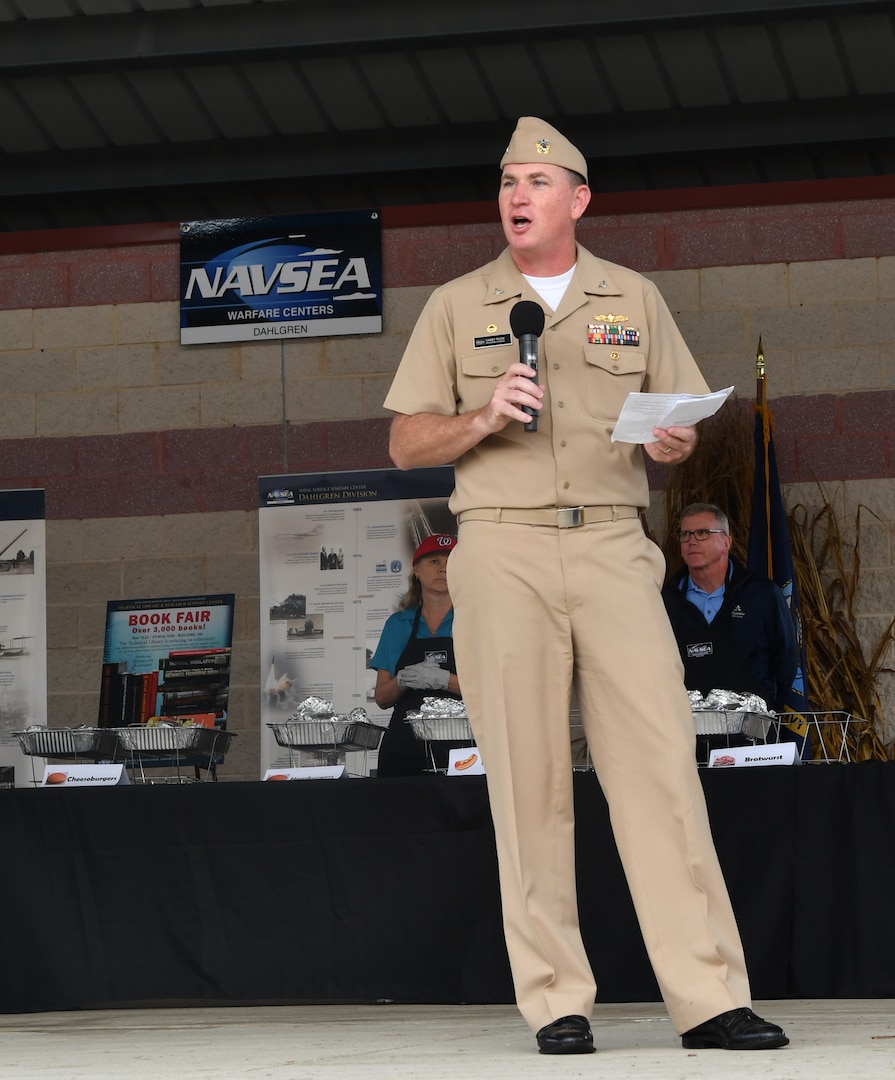 IMAGE: DAHLGREN, Va. (Oct. 30, 2019) – Naval Surface Warfare Center Dahlgren Division (NSWCDD) Commanding Officer Capt. Casey Plew welcome employees to the 2019 NSWCDD Command picnic. "You're celebrating the awesomeness of Dahlgren and how great it is to be here at the warfare center. It truly is awesome. I hope you make the most of this event," Plew said in his remarks to the crowd. (U.S. Navy photo/Released)