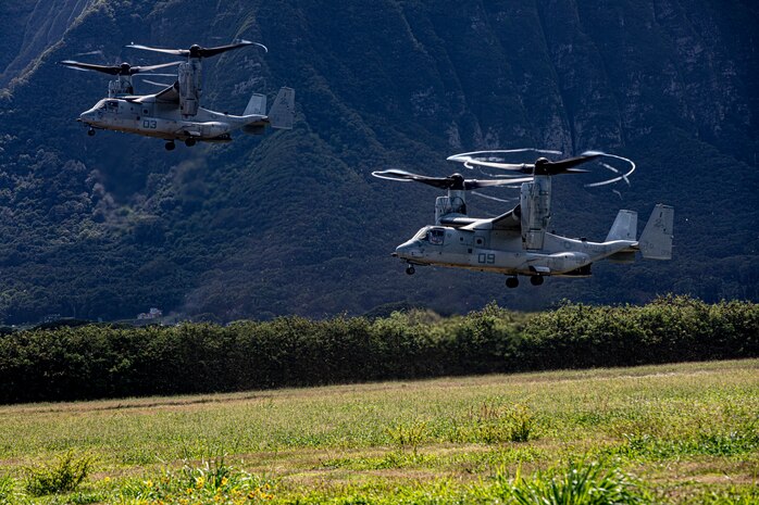 U.S. Marine Corps MV-22B Ospreys assigned to Medium Tiltrotor Squadron 268 land at Marine Corps Training Area Bellows in support ofcherry picker drills conducted by Combat Assault Company, 3rd Marine Regiment, Oct. 31, 2019. The training consisted of patrols, cherry picker drills, and Military Operation in Urban Terrain Training.