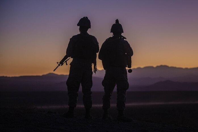 U.S. Marine Corps Staff Sgt. William Huffman, left and Cpl. Stephen Gibbons with Combat Logistics Battalion 8, Combat Logistics Regiment 2, 2nd Marine Logistics Group, prepare to depart an observation point during Integrated Training Exercise 1-20 at Marine Air Ground Combat Center Twentynine Palms, California, Oct. 28, 2019. CLB-8 integrated with 2nd Marine Regiment during ITX as the logistics combat element to provided tactical logistics in the areas of medium and heavy-lift motor transportation beyond the regiment’s organic capabilities.