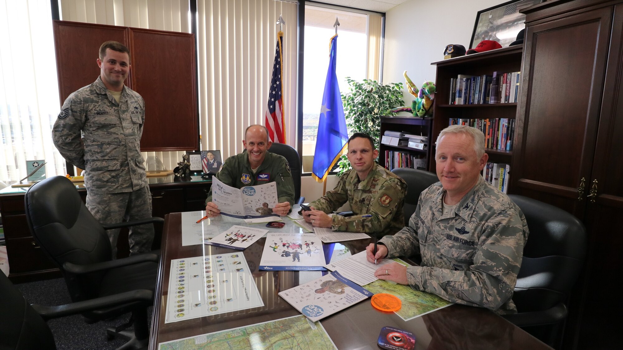 Tech. Sgt. Kenneth Merritt, 412th Aircraft Maintenance SquadronBrig. Gen. E. John Teichert, 412th Test Wing Commander, Chief Master Sgt. Ian Eishen, 412th TW Command Chief, and Col. Kirk Reagan, 412th TW Vice Commander, kicked off this year’s Combined Federal Campaign at wing headquarters on Edwards Air Force Base, California, Nov. 4.