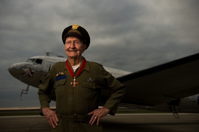 Retired Col. Gail Halvorsen poses for a photo during a Veterans Day event at Hondo Municipal Airport, Texas, Nov. 9, 2013. Halvorsen was called the 