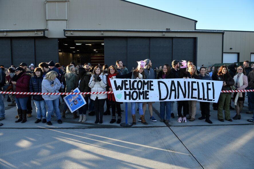 Airmen from the active duty 388th and Reserve 419th Fighter Wings return home on Nov. 1, 2019, following a six-month deployment to Al-Dhafra Air Base, United Arab Emirates. The 4th Fighter Squadron's deployment was the first F-35A Lightning II combat deployment. The Airmen supported the United States Air Force Central Command Mission in Region. (U.S. Air Force photo by R. Nial Bradshaw)