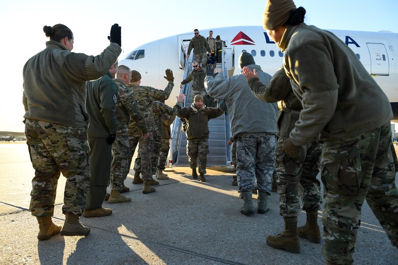 Airmen from the active duty 388th and Reserve 419th Fighter Wings return home on Nov. 1, 2019, following a six-month deployment to Al-Dhafra Air Base, United Arab Emirates. The 4th Fighter Squadron's deployment was the first F-35A Lightning II combat deployment. The Airmen supported the United States Air Force Central Command Mission in Region. (U.S. Air Force photo by R. Nial Bradshaw)