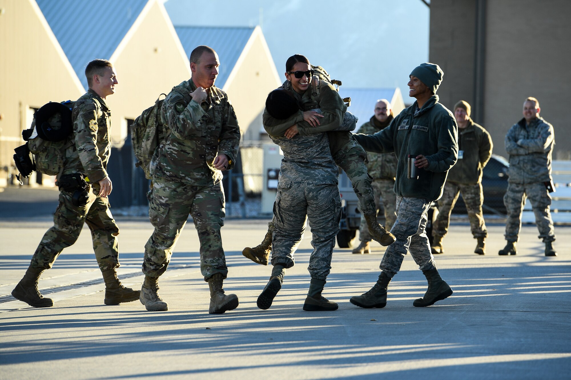 Airmen from the active duty 388th and Reserve 419th Fighter Wings return home on Nov. 1, 2019, following a six-month deployment to Al-Dhafra Air Base, United Arab Emirates. The 4th Fighter Squadron's deployment was the first F-35A Lightning II combat deployment. The Airmen supported the United States Air Force Central Command Mission in Region. (U.S. Air Force photo by R. Nial Bradshaw)