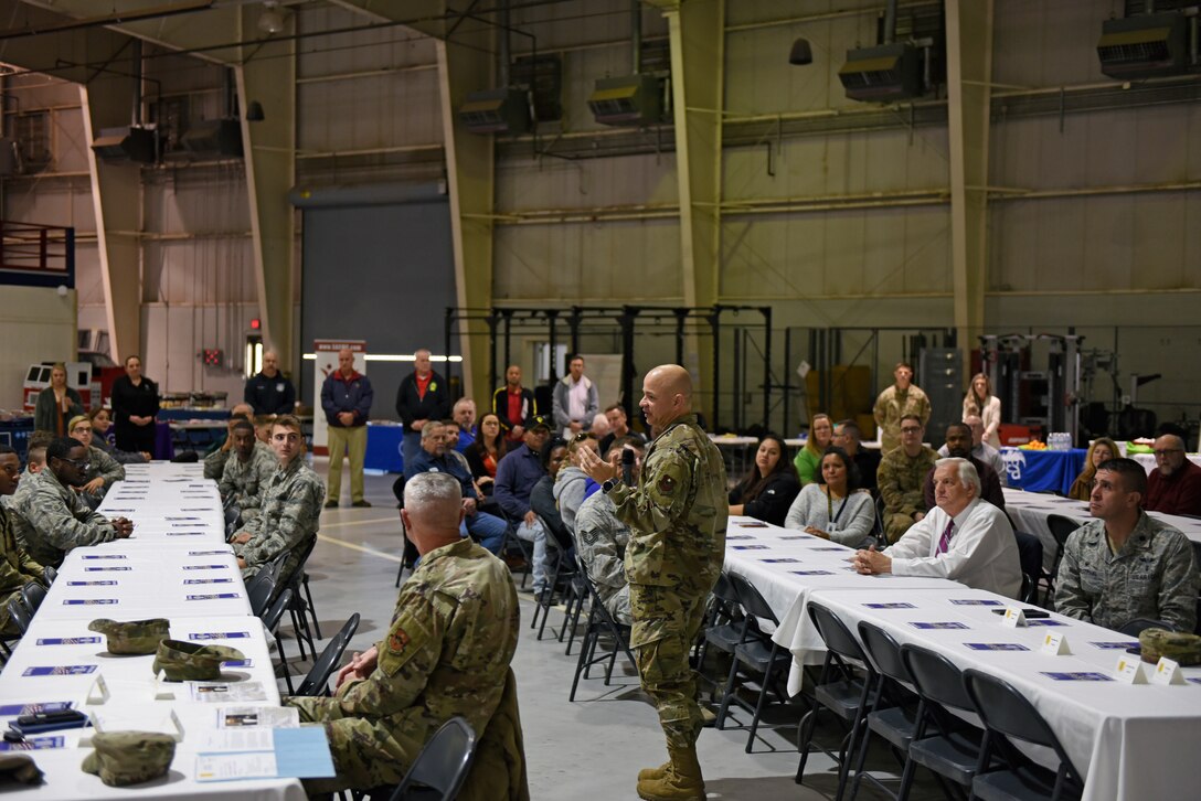U.S. Air Force Col. Andres Nazario, 17th Training Wing commander, speaks to the crowd during the Retiree Appreciation Day event at the Louis F. Garland Department of Defense High Bay, Goodfellow Air Force Base, Texas, Nov. 1, 2019. The event was open to retirees and those soon to retire, and hosted an information fair of local veteran assistance organizations. (U.S. Air Force photo by Airman 1st Class Zachary Chapman/Released)