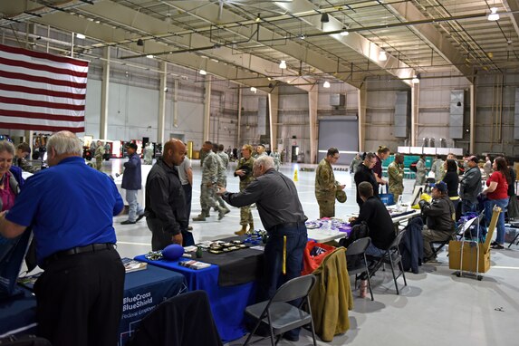 Attendees visit booths set up by local organizations during the Retiree Appreciation Day event at the Louis F. Garland Department of Defense High Bay, Goodfellow Air Force Base, Texas, Nov. 1, 2019. The event emphasized health and wellness of the retirees and prepared those retiring soon for what to expect. (U.S Air Force photo by Airman 1st Class Zachary Chapman/Released)