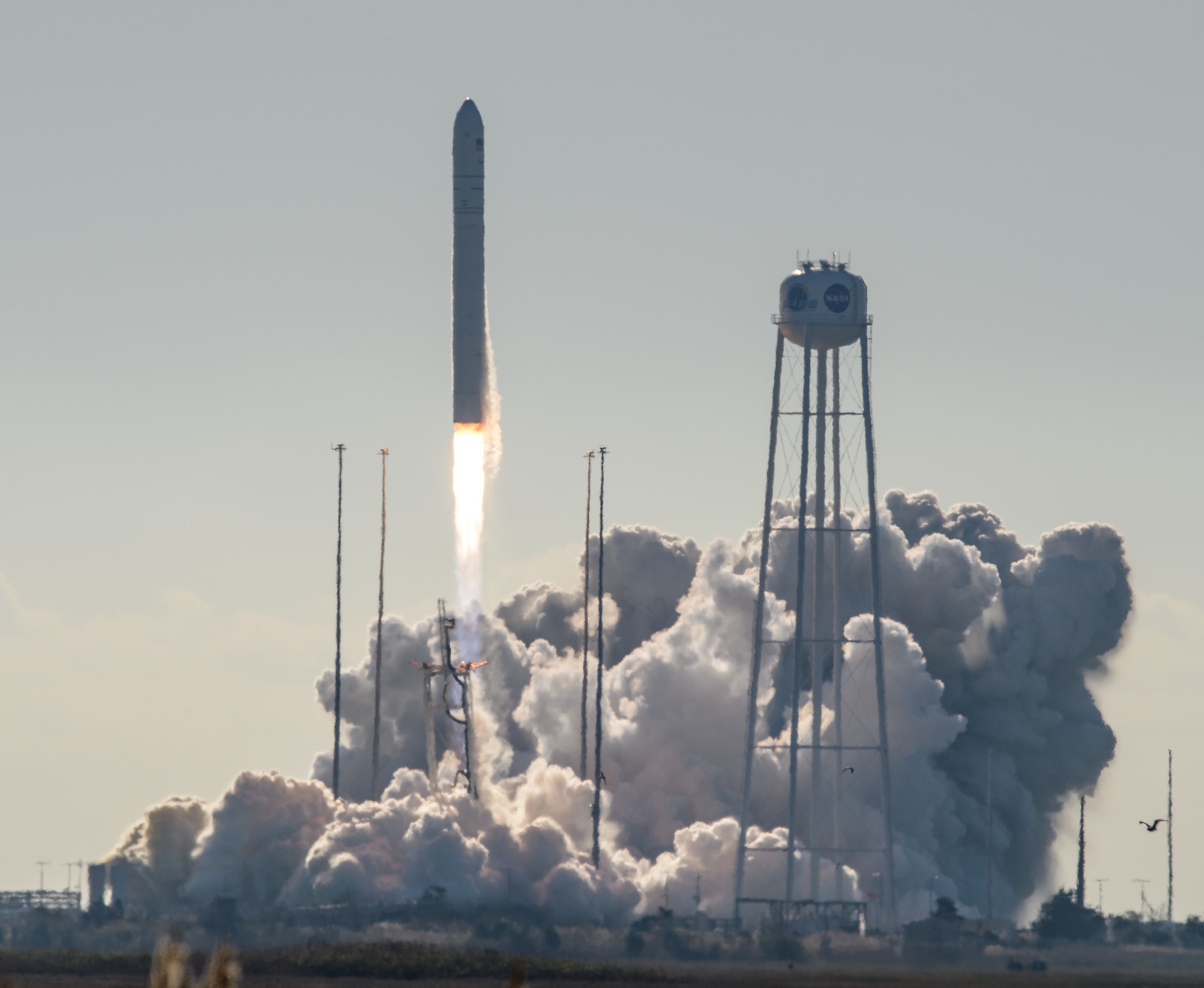 The Cygnus NG-12 cargo spacecraft, S.S. Alan Bean, launches from the Mid-Atlantic Regional Spaceport’s Pad 0A at NASA’s Wallops Flight Facility in Virginia aboard an upgraded Northrop Grumman Innovation Systems Antares 230+ rocket at 9:59 a.m. EDT Saturday, Nov. 2, 2019. On board the two-day flight to the International Space Station are the Aerospace Rogue Alpha/Beta Cubesats, which have officially achieved their priority mission of developing a small low Earth orbit constellation in just 18 months for the Space and Missile Systems Center Development Corps at Los Angeles Air Force Base in El Segundo, California. The cubesats will collect data on cloud backgrounds to inform future low Earth orbit missions. The Air Force will also utilize this program’s data to investigate potential uses of the capability. (Image credit: Bill Ingalls/NASA)