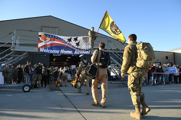 Airmen from the active duty 388th and Reserve 419th Fighter Wings return home on Nov. 1, 2019, following a six-month deployment to Al-Dhafra Air Base, United Arab Emirates. The 4th Fighter Squadron's deployment was the first F-35A Lightning II combat deployment. The Airmen supported the United States Air Force Central Command Mission in Region. (U.S. Air Force photo by R. Nial Bradshaw)
