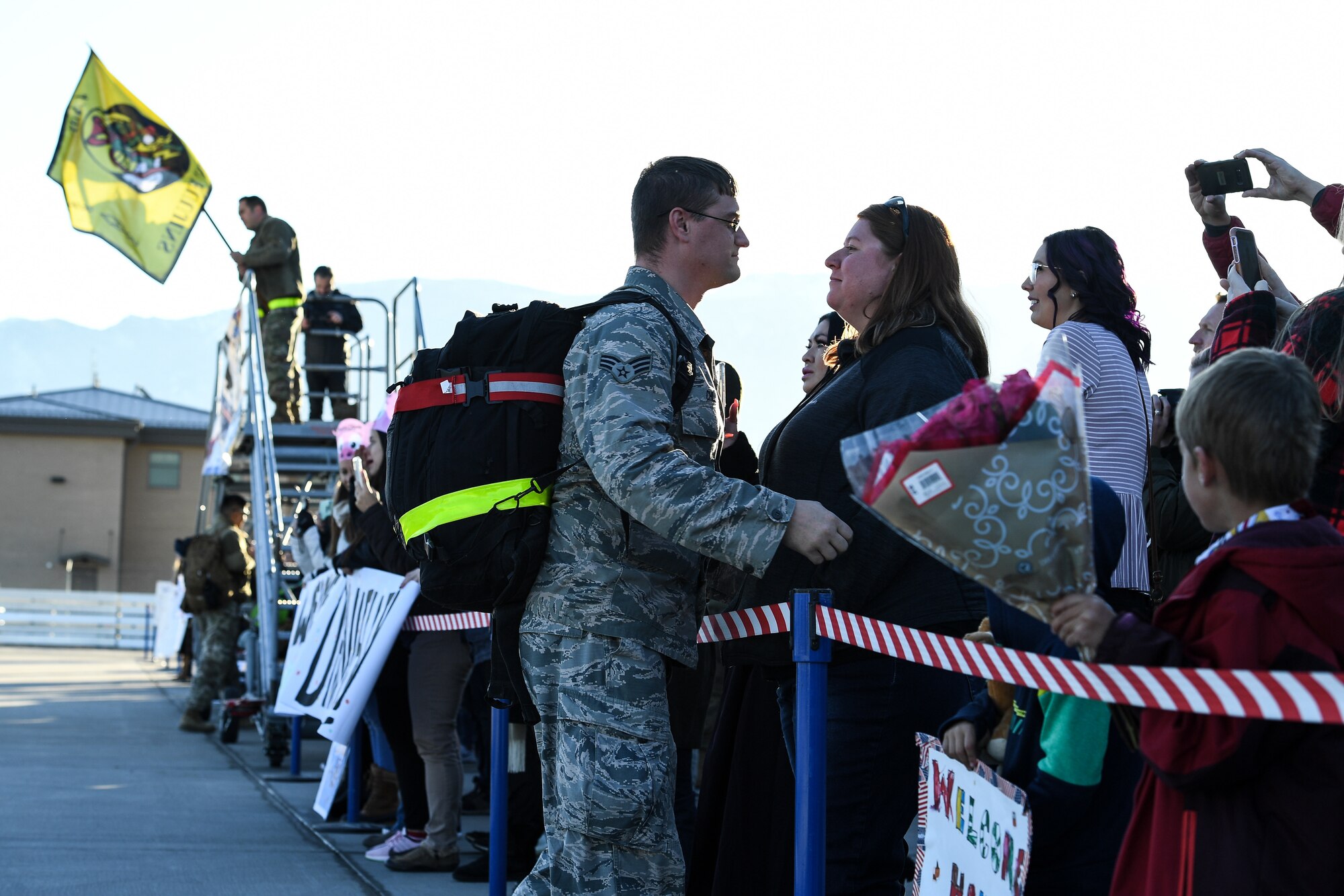 Airmen from the active duty 388th and Reserve 419th Fighter Wings return home on Nov. 1, 2019, following a six-month deployment to Al-Dhafra Air Base, United Arab Emirates. The 4th Fighter Squadron's deployment was the first F-35A Lightning II combat deployment. The Airmen supported the United States Air Force Central Command Mission in Region. (U.S. Air Force photo by R. Nial Bradshaw)