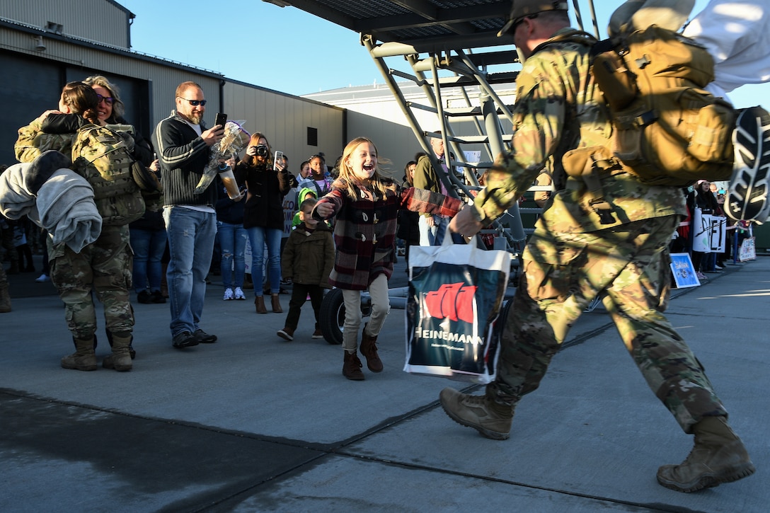 Airmen from the active duty 388th and Reserve 419th Fighter Wings return home on Nov. 1, 2019, following a six-month deployment to Al-Dhafra Air Base, United Arab Emirates. The 4th Fighter Squadron's deployment was the first F-35A Lightning II combat deployment. The Airmen supported the United States Air Force Central Command Mission in Region. (U.S. Air Force photo by R. Nial Bradshaw)
