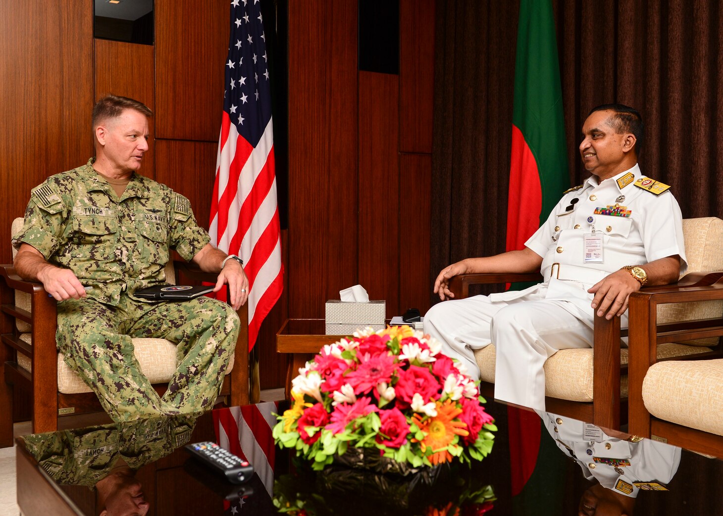 Chattogram, Bangladesh (Nov. 4, 2019) U.S. Navy Rear Adm. Joey Tynch, commander, Logistics Group Western Pacific, speaks with Rear Adm. M Makbul Hossain NBP, OSP, BCGMS, ndu, psc, Assistant Chief of Naval Staff Operations, during an office call in support of Cooperation Afloat Readiness and Training (CARAT) Bangladesh 2019. This year marks the 25th iteration of CARAT, a multinational exercise designed to enhance U.S. and partner navies' abilities to operate together in response to traditional and non-traditional maritime security challenges in the Indo-Pacific region.