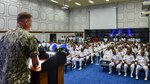 Chattogram, Bangladesh (Nov. 4, 2019) Rear Adm. Joey Tynch, commander, Logistics Group Western Pacific, provides his opening remarks during the opening ceremony for Cooperation Afloat Readiness and Training (CARAT) Bangladesh 2019. This year marks the 25th iteration of CARAT, a multinational exercise designed to enhance U.S. and partner navies' abilities to operate together in response to traditional and non-traditional maritime security challenges in the Indo-Pacific region.