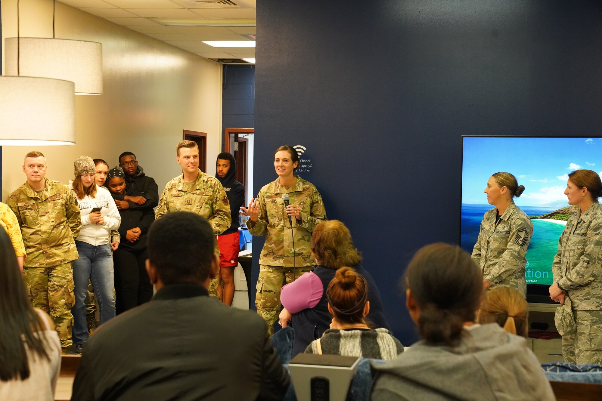 U.S Air Force Col. Heather Blackwell, 81st Training Wing commander, gives remarks during the opening of The Lighthouse inside the Larcher Chapel at Keesler Air Force Base, Mississippi, Nov. 1, 2019. The Lighthouse is a place dedicated to permanent party Airmen complete with gaming stations, massage chairs, a kitchen, and a music room. The idea of the lighthouse stemmed from a meeting Col. Heather Blackwell, 81st Training Wing commander, had with some of Keesler's dorm residents in August. (U.S Air Force photo by Airman 1st Class Spencer Tobler)