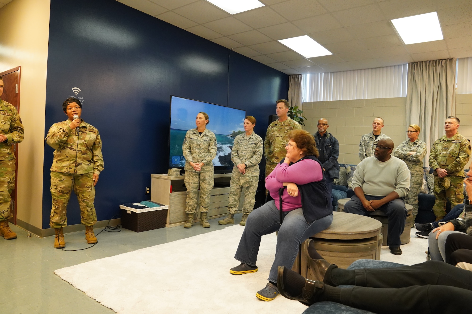 U.S Air Force Chaplain (Col.) Donnette Boyd, 81st Training Wing chaplain, gives remarks during the opening of The Lighthouse inside the Larcher Chapel at Keesler Air Force Base, Mississippi, Nov. 1, 2019. The Lighthouse is a place dedicated to permanent party Airmen complete with gaming stations, massage chairs, a kitchen, and a music room. The idea of the lighthouse stemmed from a meeting Col. Heather Blackwell, 81st Training Wing commander, had with some of Keesler's dorm residents in August. (U.S Air Force photo by Airman 1st Class Spencer Tobler)