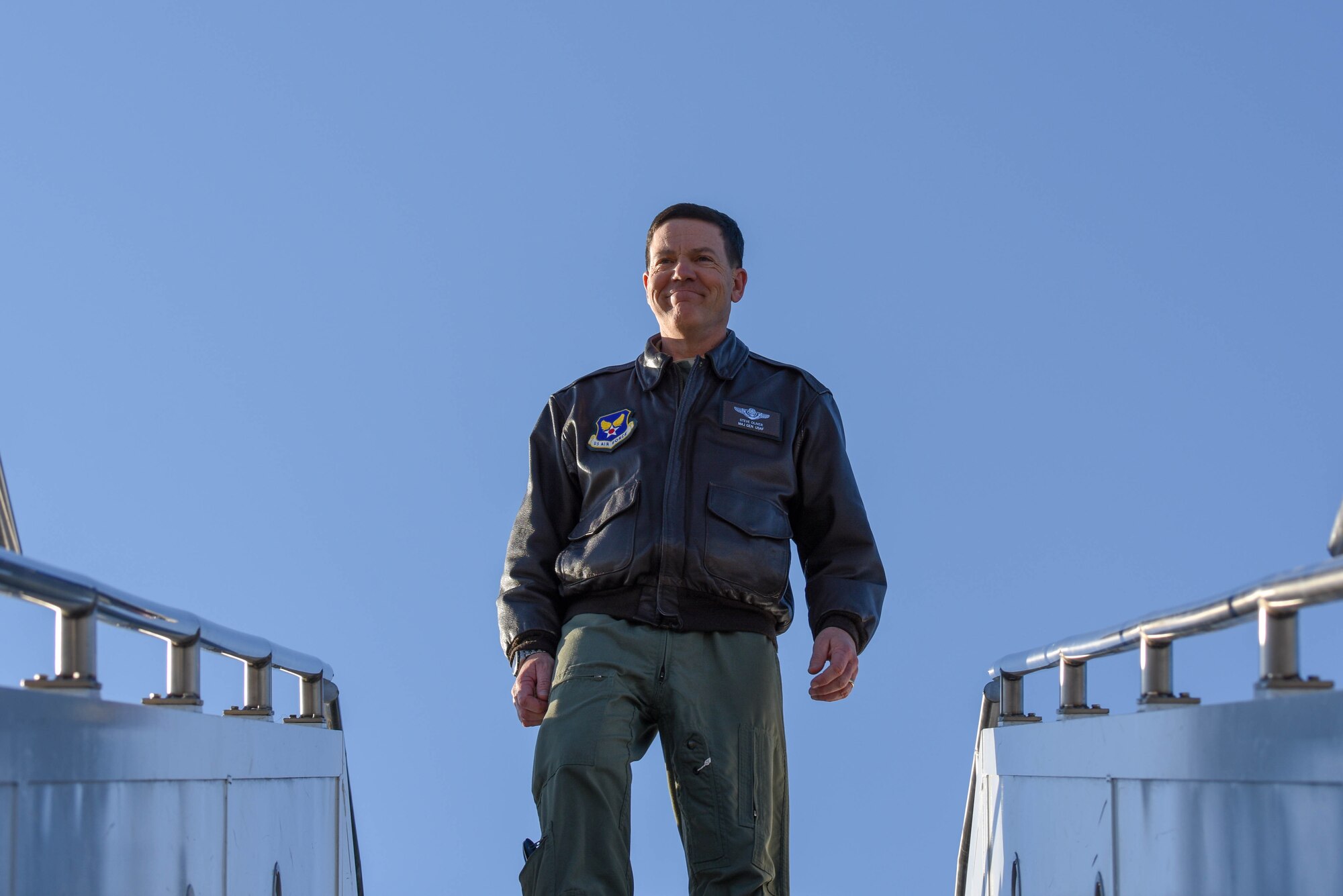 Maj. Gen. Stephen Oliver Jr., International Affairs assistant deputy under secretary of the Air Force, departs the 16th KC-46A Pegasus, delivered Nov. 1, 2019, at McConnell Air Force Base, Kan. The installation continues to assist with the integration of the next generation air mobility platform. (U.S. Air Force photo by Airman 1st Class Marc A. Garcia)