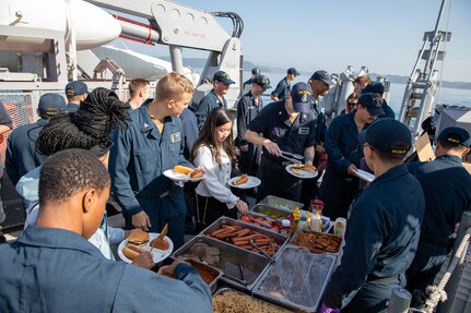 191101-N-AD347-0063 SASEBO, Japan (November 01, 2019) The Pioneer crew, family and friends of Avenger-class mine countermeasures ship USS Pioneer (MCM 9) enjoyed burgers and hot dogs during the ’Splinter Beach Picnic’ on the fantail of the ship. Pioneer, part of Mine Countermeasures Squadron 7, is operating in the 7th Fleet area of operations to enhance interoperability with partners and serve as a ready-response platform for contingency operations.