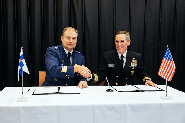Rear Adm. Marcus A. Hitchcock (right), U.S. Space Command plans and policy director, and Maj. Gen. Pasi Jokinen (left), commander of the Finnish Air Force, after signing a Memorandum of Understanding between the United States and Finland on Space Situational Awareness cooperation in Helsinki, Finland, Nov 4, 2019. The Memorandum of Understanding sets out the intention to exchange public space situational information between the United States and Finland. These agreements foster openness, predictability of space operations, and transparency for space domain awareness. (MoD of Finland photo by Finnish Air Force Public Affairs/Released)