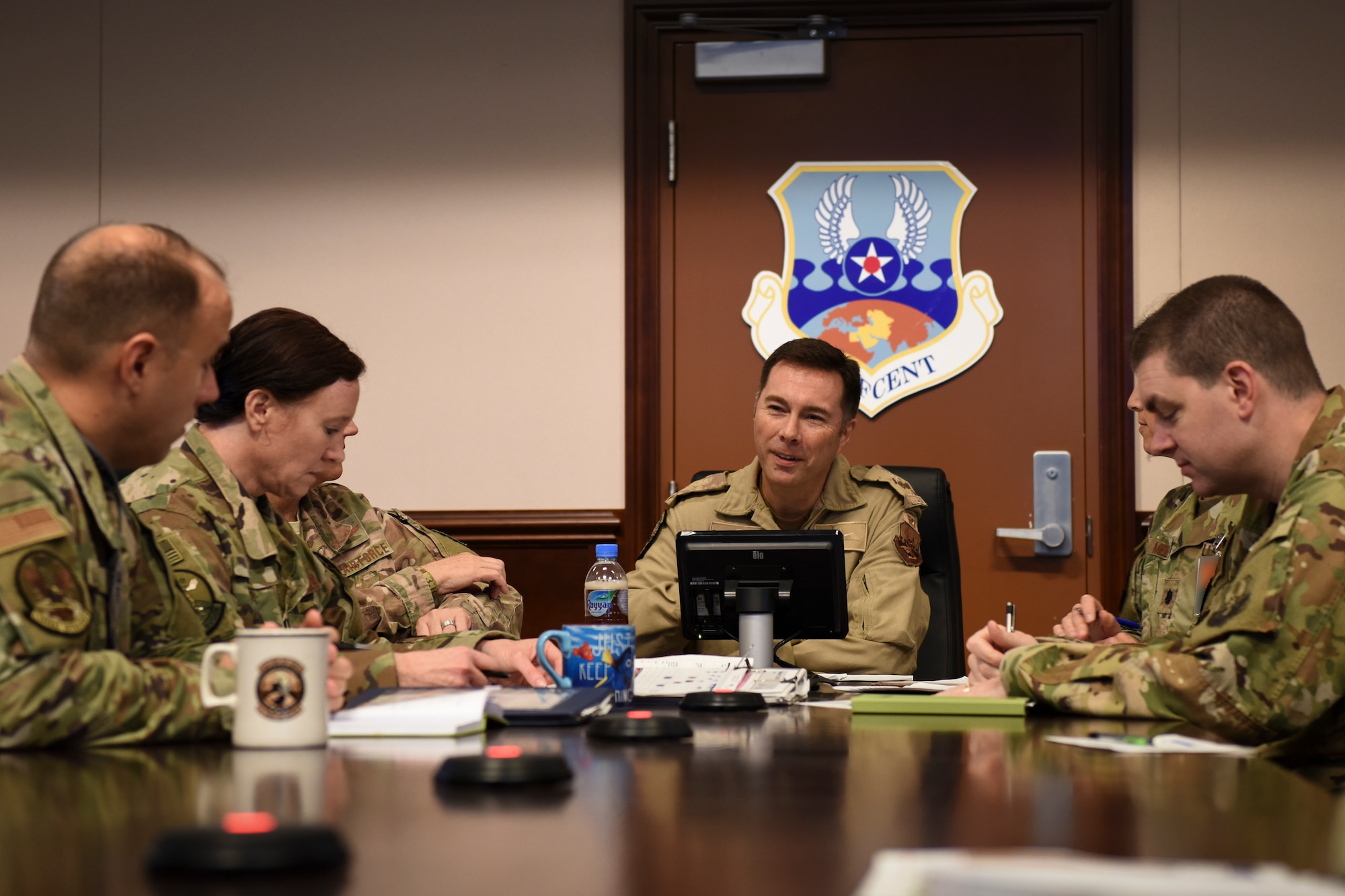 Canadian Brig. Gen. Alex Day, Air Forces Central Command Combined Air and Space Operations Center director, meets with senior CAOC leaders at Al Udeid Air Base, Qatar, Oct. 28, 2019.