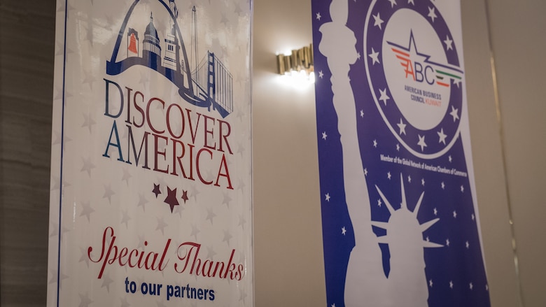 The Discover America and American Business Council - Kuwait banners are shown on display at the business speakers series seminar at the Hyatt Regency Hotel in Kuwait City, Nov. 4, 2019. (U.S. Air Force photo by Tech. Sgt. Daniel Martinez)