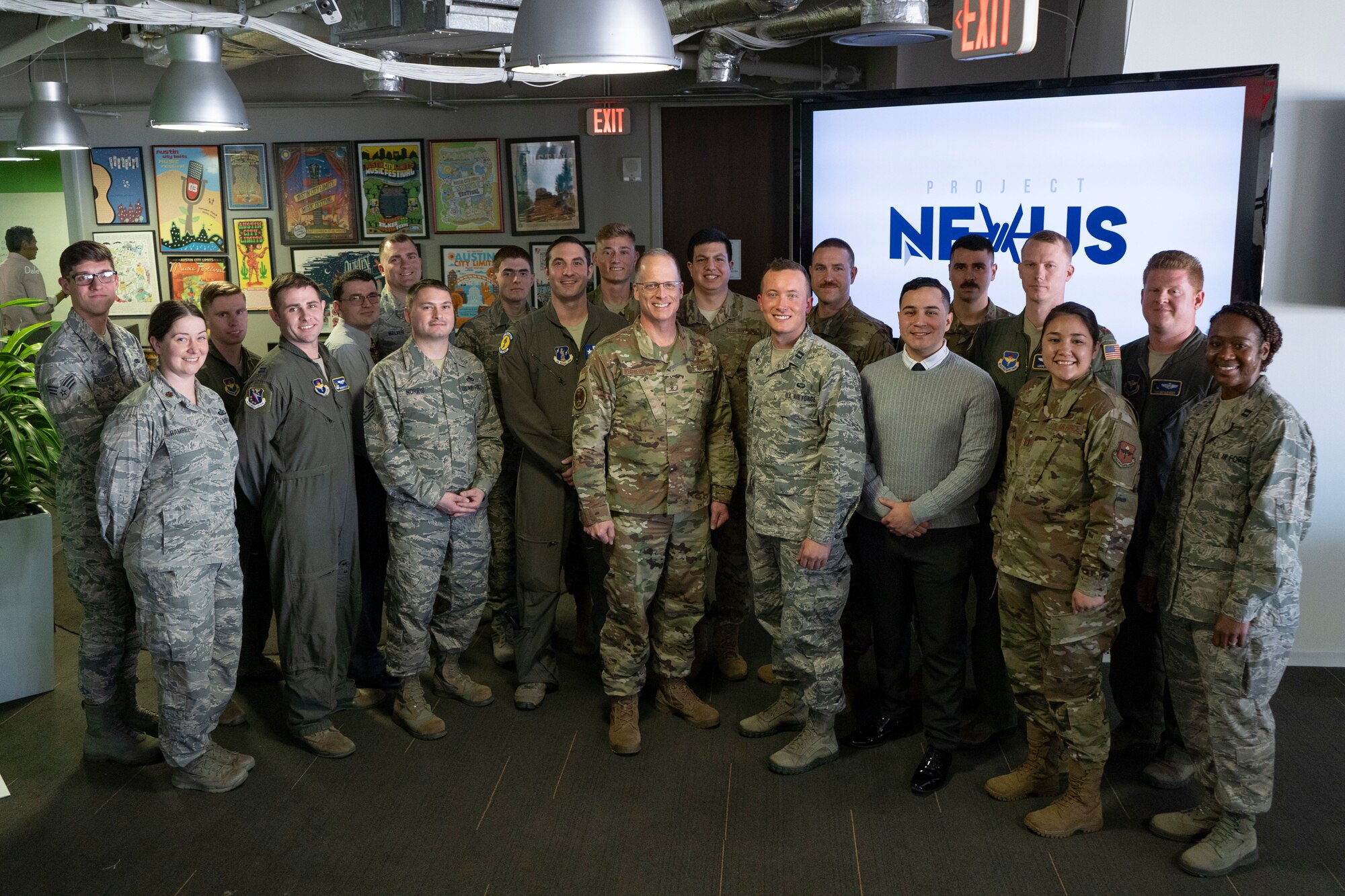 U.S. Air Force Maj. Gen. Mark Weatherington, Air Education and Training Command deputy commander, stands with the first class of the Project NEXUS program after their graduation ceremony Nov. 4, 2019, at the Capital Factory in Austin, Texas.  Designed by the AETC Integrated Technology Detachment and hosted by the AFWERX-Austin hub, the beta test program was designed to fuel organic technology problem solving efforts for Airmen in their day-to-day workplaces. (U.S. Air Force photo / Staff Sgt. Jordyn Fetter)