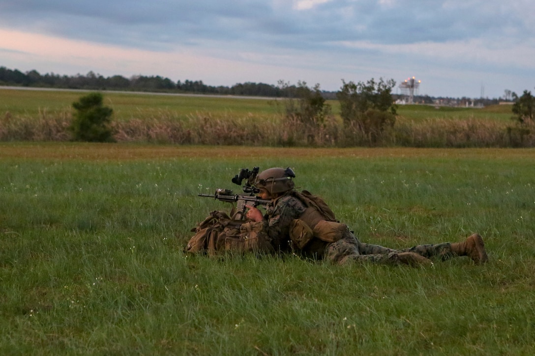 U.S. Marines with Fox Company, Battalion Landing Team, 2nd Battalion, 8th Marine Regiment, 26th Marine Expeditionary Unit, seize an airfield to establish a Forward Arming and Refueling Point during Composite Training Unit Exercise in the vicinity of Camp Lejeune, N.C., Nov. 2, 2019. Bataan is underway conducting a COMPTUEX with the Bataan Amphibious Ready Group and 26th MEU. (U.S. Marine Corps photo by Lance Cpl. Gary Jayne III)
