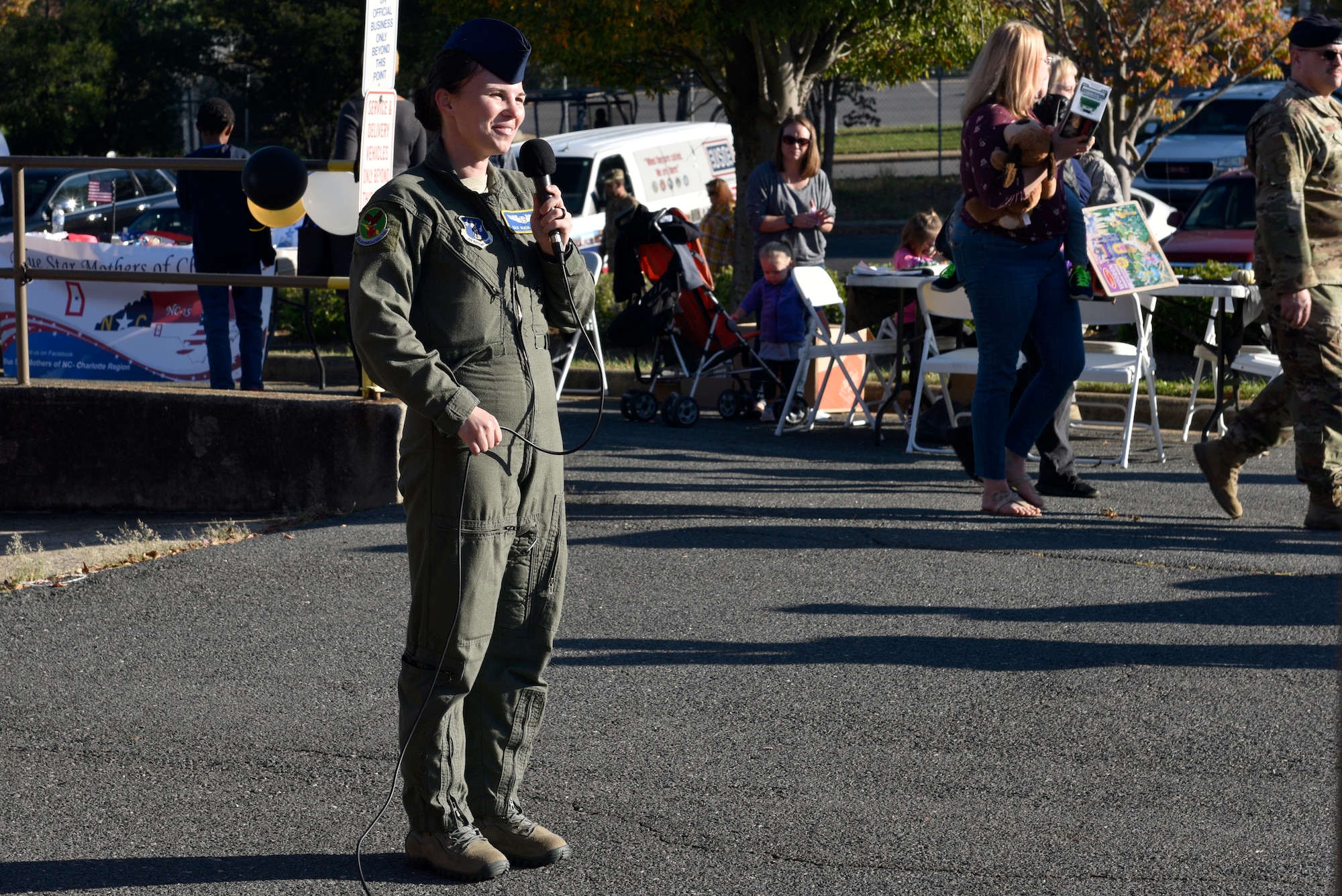 U.S. Air Force 145th Airlift Wing Junior Enlisted Council President, Staff Sgt. Alicia Correa, announces events during a Fall Festival put together by the Junior Enlisted Council (JEC) at the North Carolina Air National Guard (NCANG) Base, Charlotte Douglas International Airport, Nov. 2, 2019. The Fall Festival is a first-time event for the JEC and NCANG that is hoped to be held for years to come.