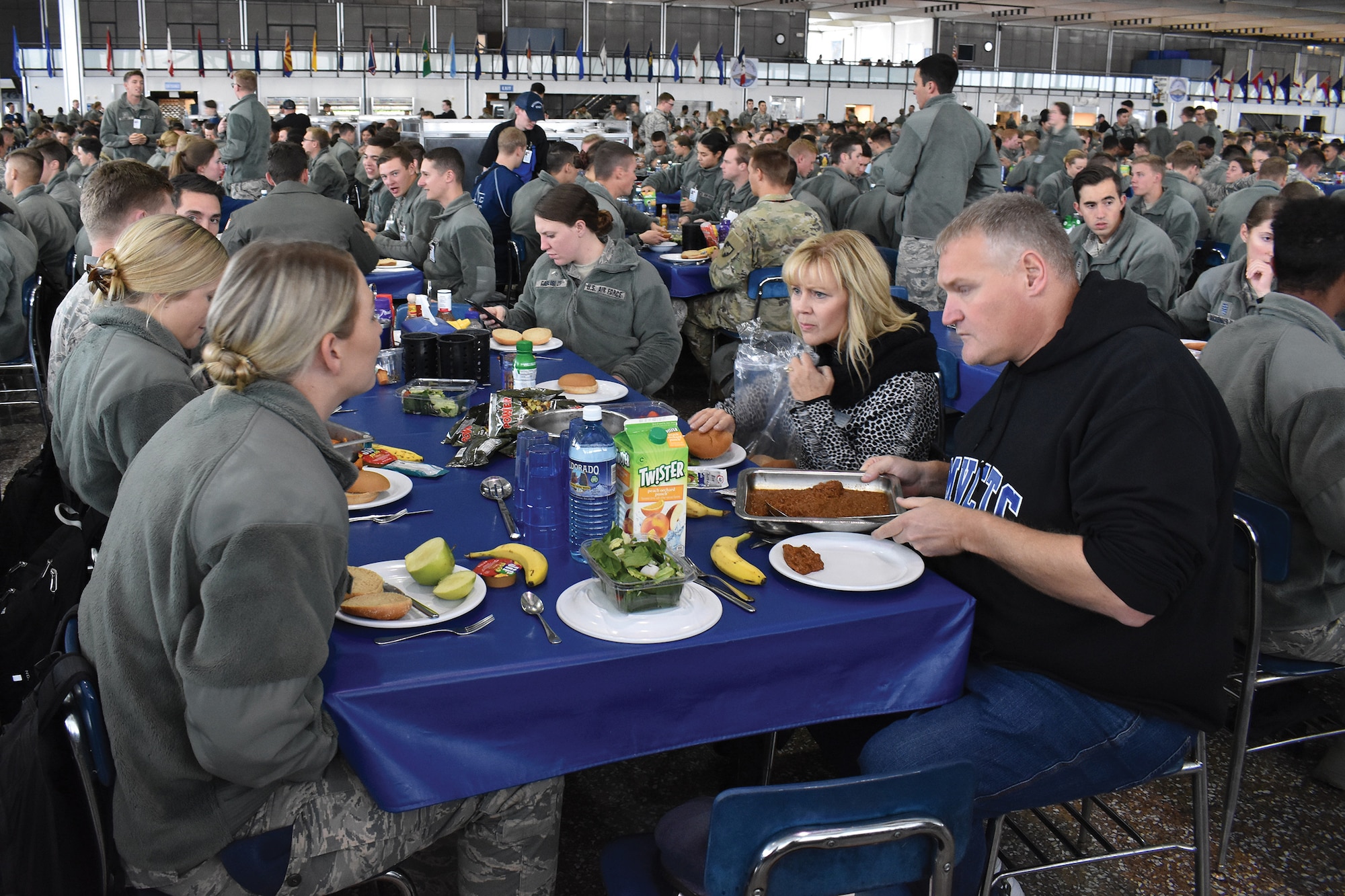 Greater Dayton area civic leaders eat lunch with cadets at the Air Force Academy, Colorado Springs, during a civic leader tour Oct. 10, 2019. Nineteen community leaders participated in the CLT Oct. 9-10, 2019.
