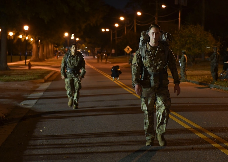 U.S. Army Soldiers walk during the Norwegian Foot March event at Joint Base Langley-Eustis, Virginia, Oct. 30, 2019.