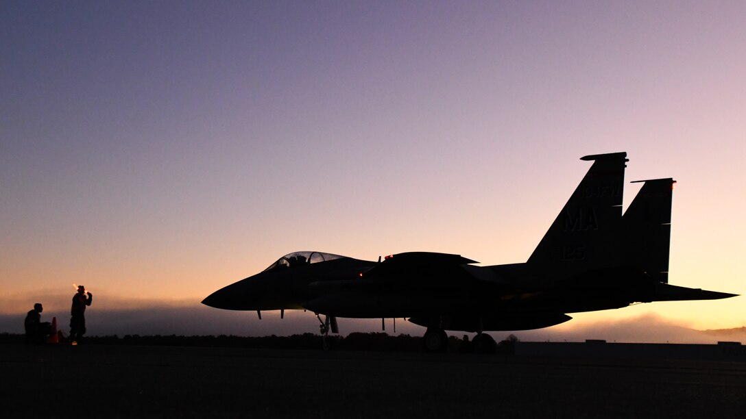 Six 104th Fighter Wing F-15 Eagles take off during a four day readiness exercise Nov. 2, 2019, at Barnes Air National Guard Base, Massachusetts. The 104 FW members spent the weekend in MOPP 2 and MOPP 4 conditions to prepare for potential CBRN conditions in a contested environment.  (U.S. Air National Guard photo by Airman 1st Class Sara Kolinski)