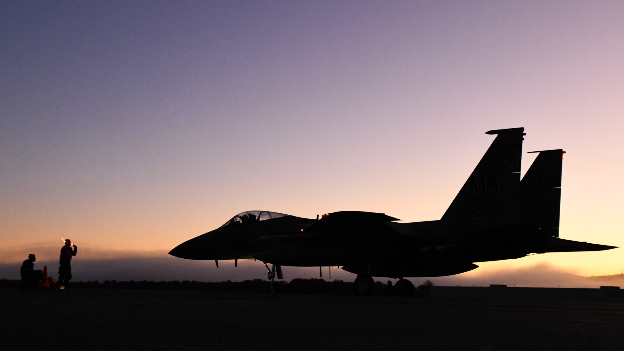 Six 104th Fighter Wing F-15 Eagles take off during a four day readiness exercise Nov. 2, 2019, at Barnes Air National Guard Base, Massachusetts. The 104 FW members spent the weekend in MOPP 2 and MOPP 4 conditions to prepare for potential CBRN conditions in a contested environment.  (U.S. Air National Guard photo by Airman 1st Class Sara Kolinski)