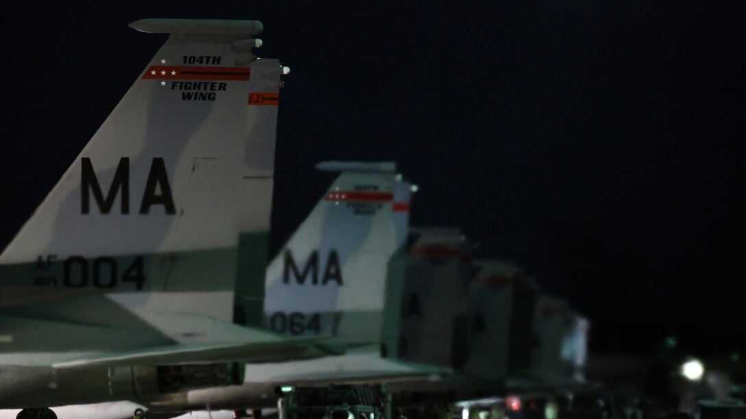 Six 104th Fighter Wing F-15 Eagles take off during a four day readiness exercise Nov. 2, 2019, at Barnes Air National Guard Base, Massachusetts. The 104 FW members spent the weekend in MOPP 2 and MOPP 4 conditions to prepare for potential CBRN conditions in a contested environment.  (U.S. Air National Guard photo by Airman 1st Class Sara Kolinski)