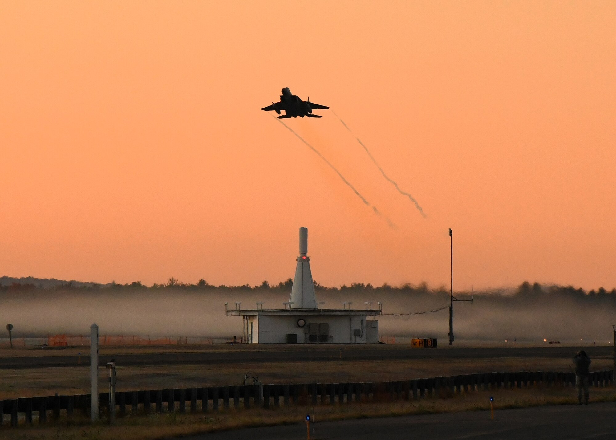 Six 104th Fighter Wing F-15 Eagles take off during a four day readiness exercise Nov. 2, 2019, at Barnes Air National Guard Base, Massachusetts. The 104 FW members spent the weekend in MOPP 2 and MOPP 4 conditions to prepare for potential CBRN conditions in a contested environment.  (U.S. Air National Guard photo by Airman 1st Class Sara Kolinski)