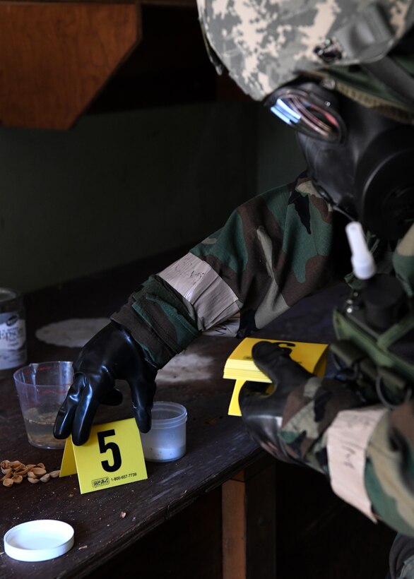 The 104th Fighter Wing Emergency Management Airmen simulated Level A for a biological Ricin lab during a four day readiness exercise November 1, 2019, at Barnes Air National Guard Base, Massachusetts. The Airmen switched between MOPP 2 and MOPP 4 in order to better prepare for potential CBRN attacks in contested environments. (U.S. Air National Guard photo by Airman 1st Class Sara Kolinski)