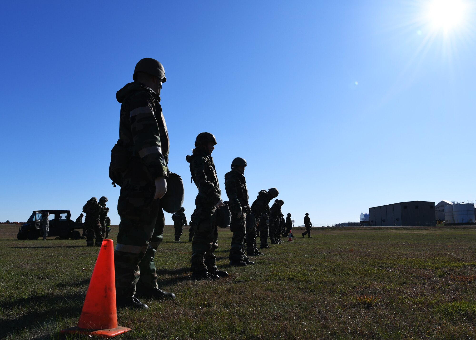 Airmen in the 104th Sustainment Flight practice search and recovery during a four day readiness exercise, Nov. 2, 2019, at Barnes Air National Guard Base,Massachusetts. Troughout the drill Airmen went between MOPP 2 and MOPP 4 in order to practice in case of a CBRN attack in a contested environment.   (U.S. Air National Guard photo by Airman 1st Class Sara Kolinski)