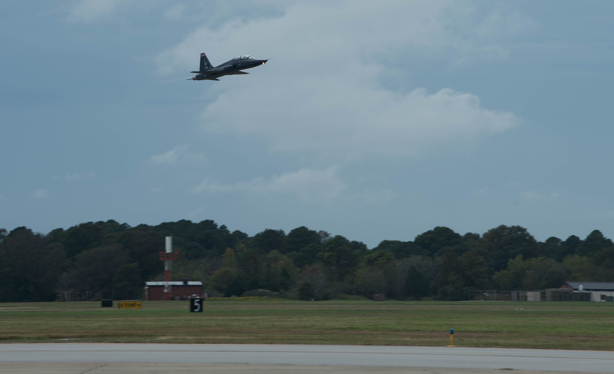 A U.S. Air Force T-38A Talon assigned to the 1st Fighter Wing takes off at Joint Base Langley-Eustis, Virginia, Oct. 31, 2019. Multiple T-38As took part in an adversary air training with F-22 Raptors. (U.S. Air Force photo by Airman 1st Class Sarah Dowe)