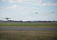 Four C-130H2 aircraft take off from the flightline at New Castle Air National Guard Base, Del., Nov. 3, 2019. Over the few months, the 166 Airlift Wing fleet has been in the midst of heavy depot maintenance and has sequentially aircraft off to Warner Robbins for several months each to be overhauled, making it difficult to send off more than two aircraft at once. (U.S. Air National Guard photo by Staff Sgt. Katherine Miller)