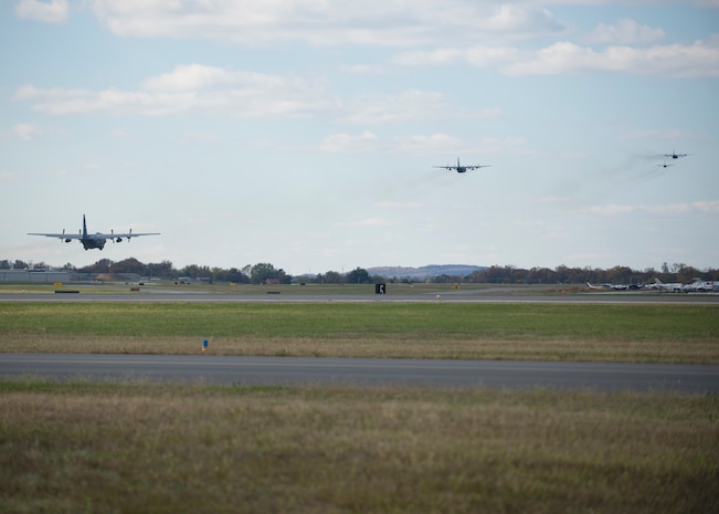 Four C-130H2 aircraft take off from the flightline at New Castle Air National Guard Base, Del., Nov. 3, 2019. Over the few months, the 166 Airlift Wing fleet has been in the midst of heavy depot maintenance and has sequentially aircraft off to Warner Robbins for several months each to be overhauled, making it difficult to send off more than two aircraft at once. (U.S. Air National Guard photo by Staff Sgt. Katherine Miller)