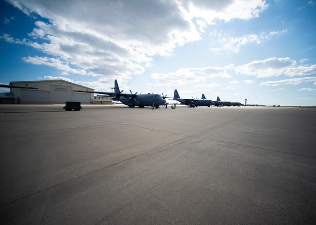 Four C-130H2 aircraft prepare to take off from the flightline at New Castle Air National Guard Base, Del., Nov. 3, 2019. The 166th Airlift Wing can rapidly mobilize and deploy C-130H2 aircraft and personnel worldwide to meet peacetime and wartime contingencies. (U.S. Air National Guard photo by Staff Sgt. Katherine Miller)