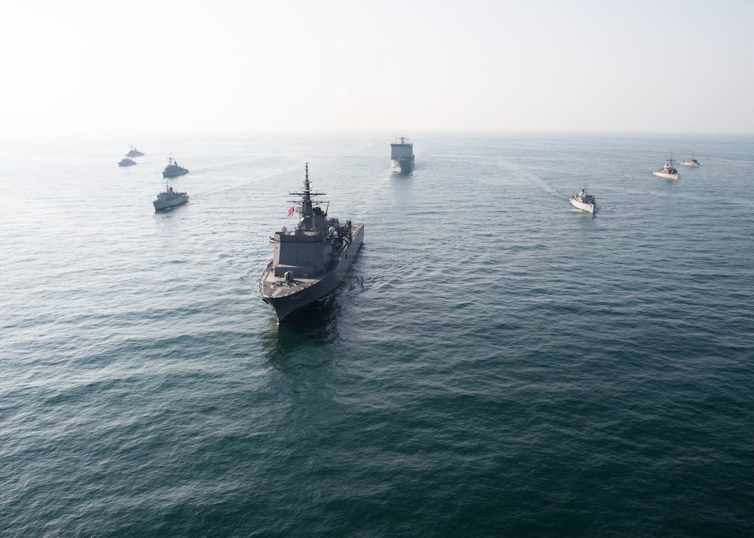 ARABIAN GULF (Nov. 4, 2019) U.S. Navy ships and partner force ships conduct a formation as a part of the International Maritime Exercise 2019. IMX19 is a multinational engagement involving partners and allies from around the world in sharing knowledge and experiences across the full spectrum of defensive maritime operations. The exercise serves to demonstrate the global resolve in maintaining regional security and stability, freedom of navigation and the free flow of commerce from the Suez Canal south to the Bab-el-Mandeb through the Strait of Hormuz to the Northern Arabian Gulf. (U.S. Navy photo by Mass Communication Specialist 3rd Class Dawson Roth/Released)