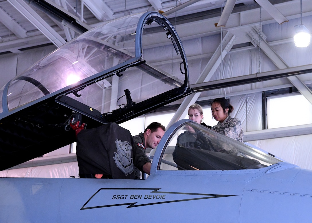 The 104th FW hosted Air Force ROTC students from Worchester Polytechnic Institute, Boston University, Umass Lowell, and Umass Amherst on October 11, 2019. The students recieved a tour of the 104 FW's facilities and flightline, and got to witness the F-15's take off. 
(U.S. Air National Guard photo by Airman Camille Lienau)