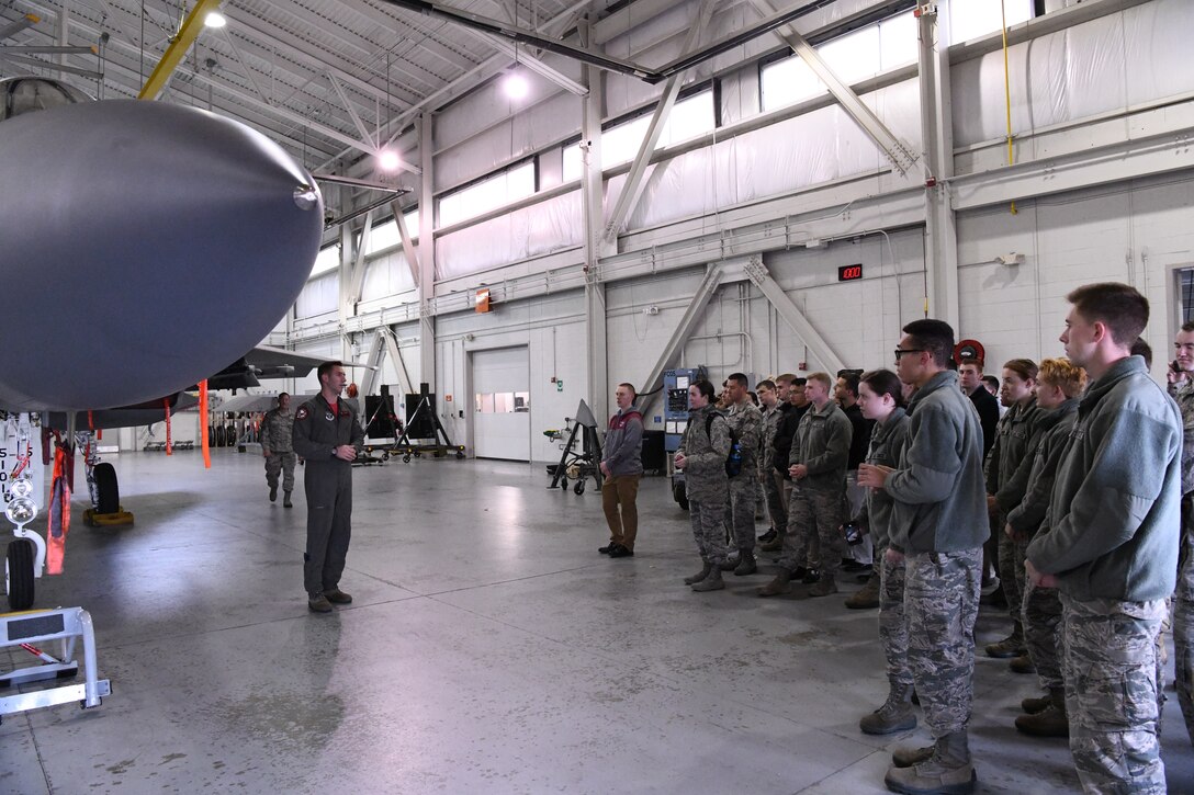 The 104th FW hosted Air Force ROTC students from Worchester Polytechnic Institute, Boston University, Umass Lowell, and Umass Amherst on October 11, 2019. The students recieved a tour of the 104 FW's facilities and flightline, and got to witness the F-15's take off. 
(U.S. Air National Guard photo by Airman Camille Lienau)