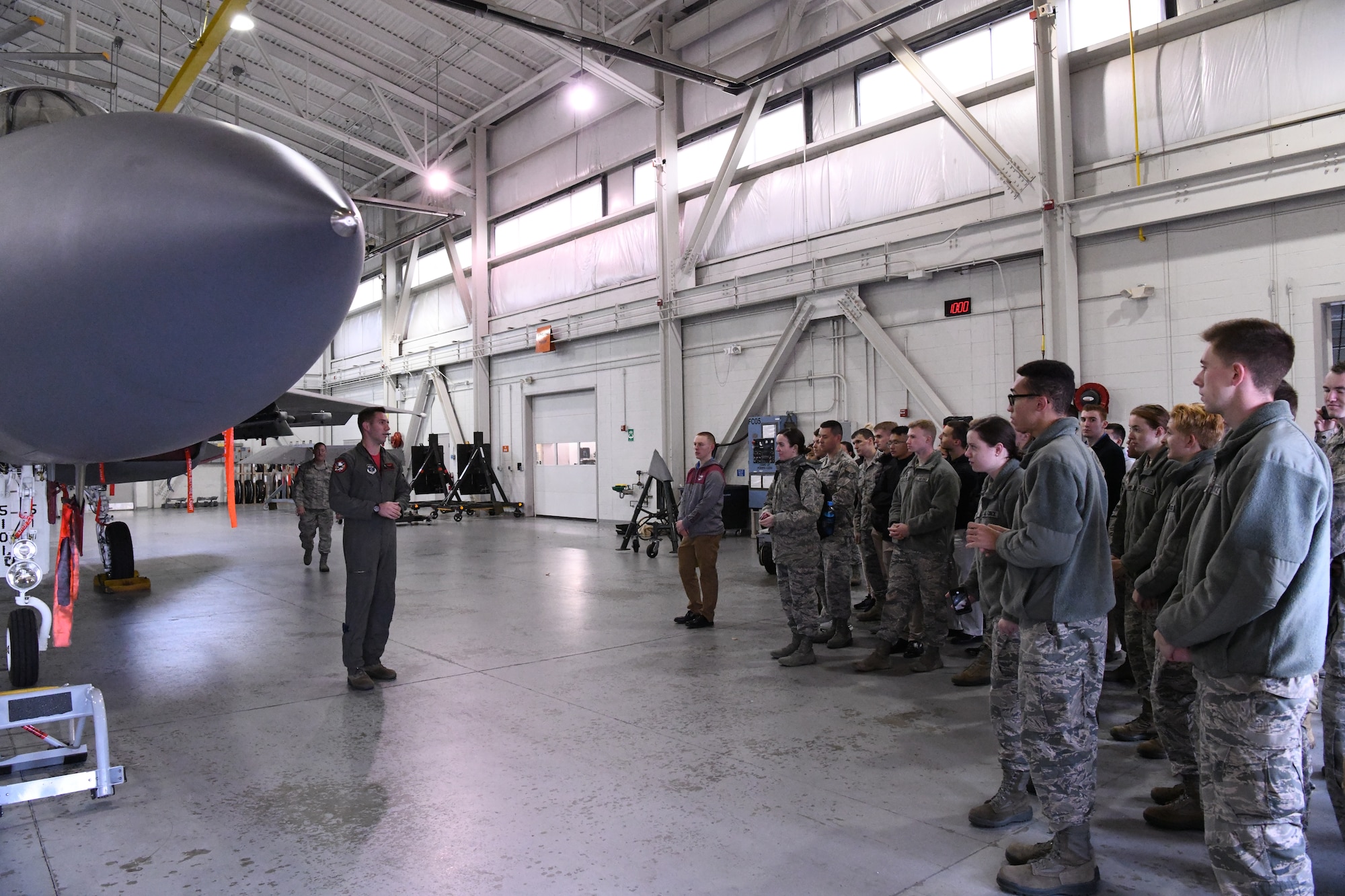 The 104th FW hosted Air Force ROTC students from Worchester Polytechnic Institute, Boston University, Umass Lowell, and Umass Amherst on October 11, 2019. The students recieved a tour of the 104 FW's facilities and flightline, and got to witness the F-15's take off. 
(U.S. Air National Guard photo by Airman Camille Lienau)