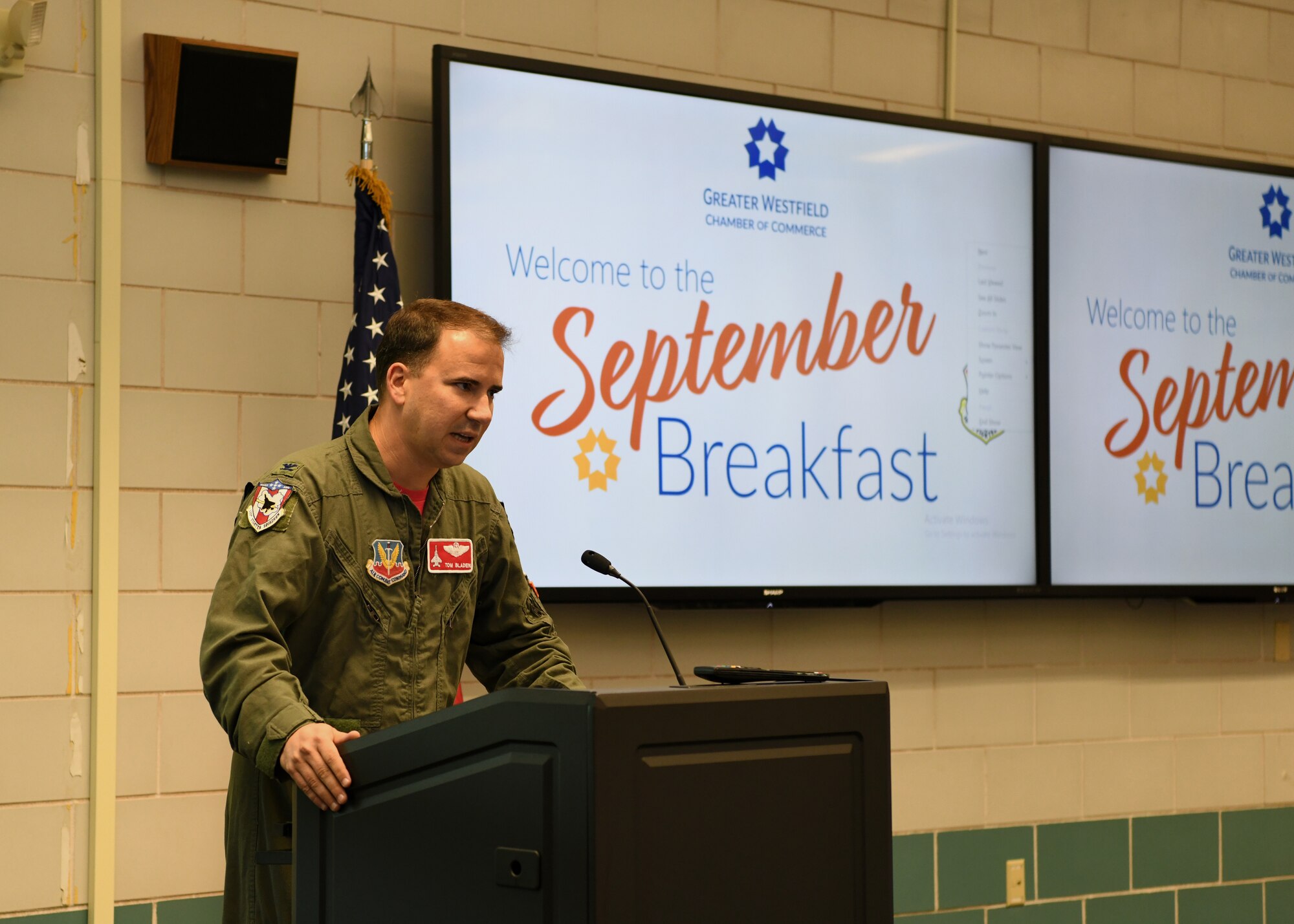 The 104th Fighter Wing hosts the September Breakfast for the Greater Westfield Chamber of Commerce. The 104th Fighter Wing's Vice Commander, Colonel Tom "Sling" Bladen addressed the chamber.   (U.S. Air National Guard photo by Airman Basic Camille Lienau)
