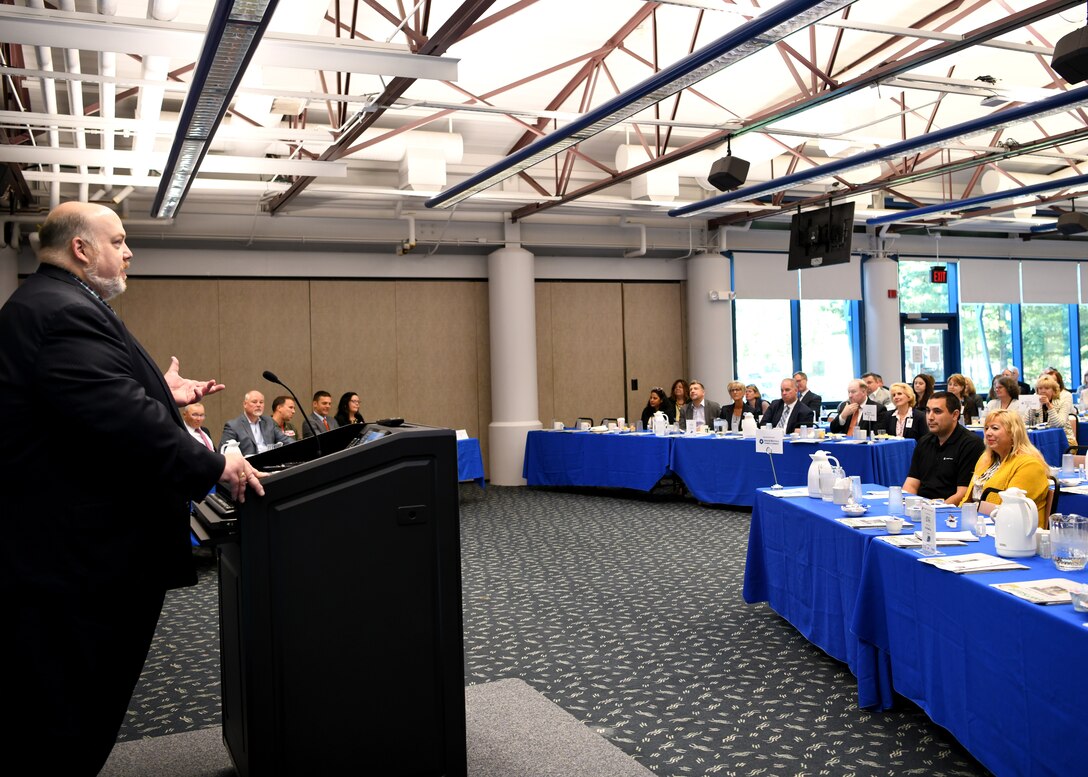 The 104th Fighter Wing hosts the September Breakfast for the Greater Westfield Chamber of Commerce. Senator Donald Humason, Jr. welcomes the members of the Chamber of Commerce. (U.S. Air National Guard photo by Airman Basic Camille Lienau)