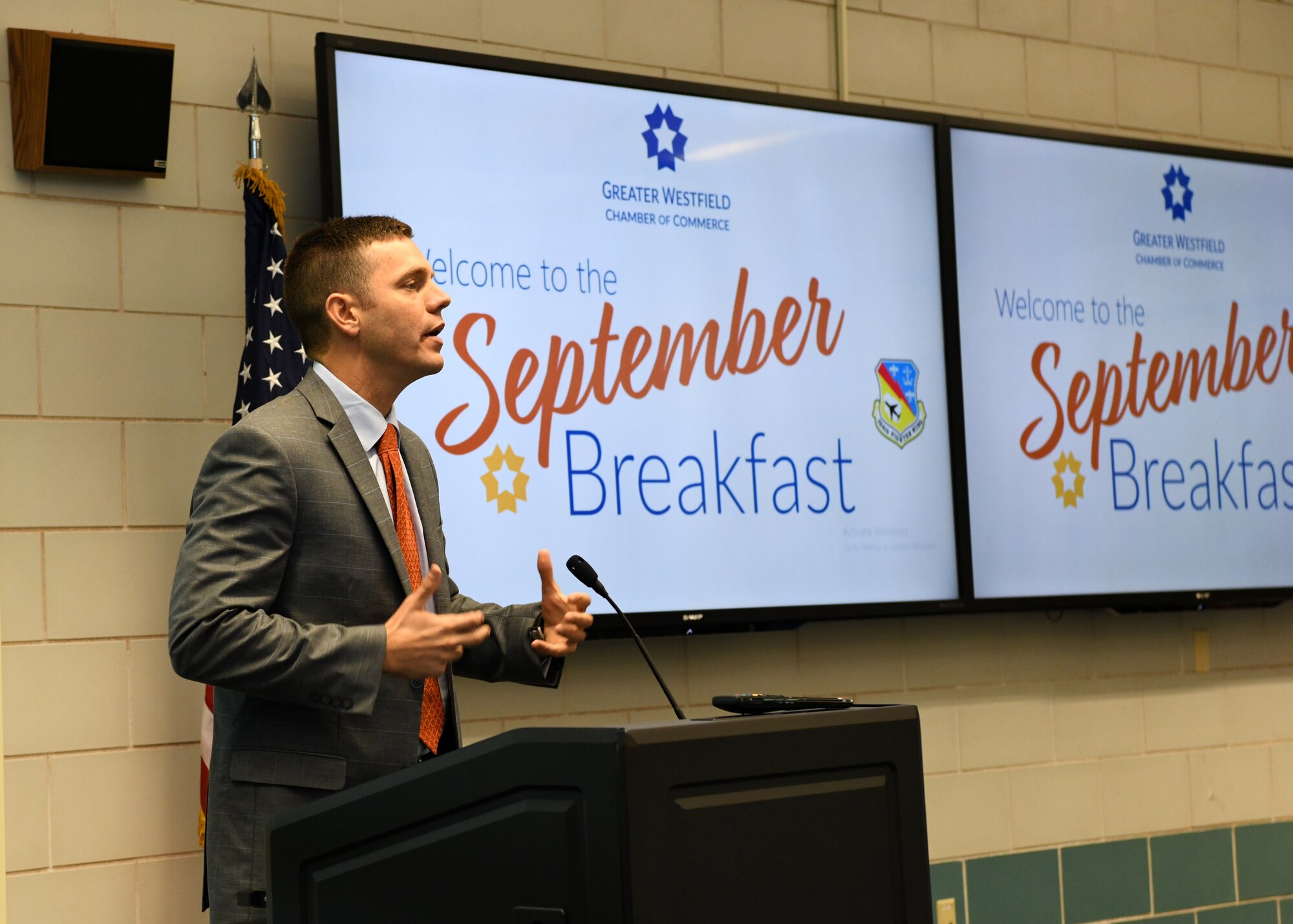 The 104th Fighter Wing hosts the September breakfast for the Greater Westfield Chamber of Commerce. John Velis, member of the Massachusetts house of Representatives spoke to the chamber and discussed upcoming bills. (U.S. Air National Guard photo by Airman Basic Camille Lienau)